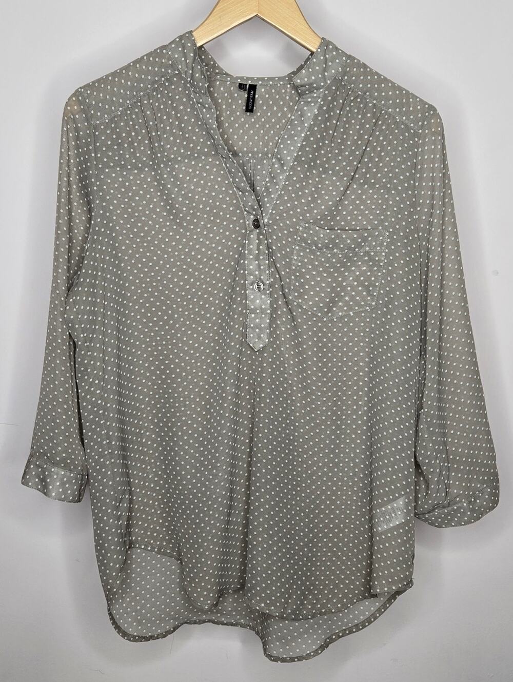 Maurices Taupe Polka Dot V-Neck Roll-Tab Sleeve Sheer Blouse Size M